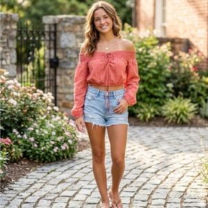Lulu's Terracotta Off-Shoulder Smocked cropped Blouse